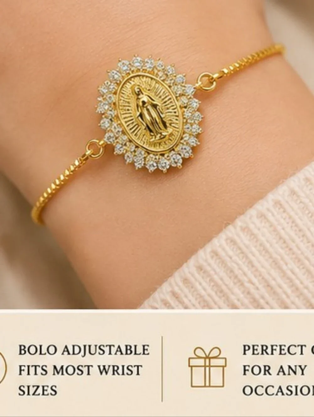 18K Gold Over Stainless Steel Miraculous Medal Bolo Bracelet CZ Halo Adjustable